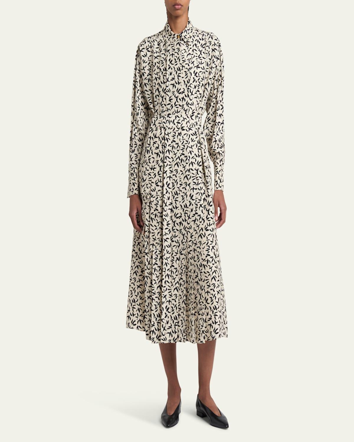 Lorely Swallows Print Midi Silk Dress