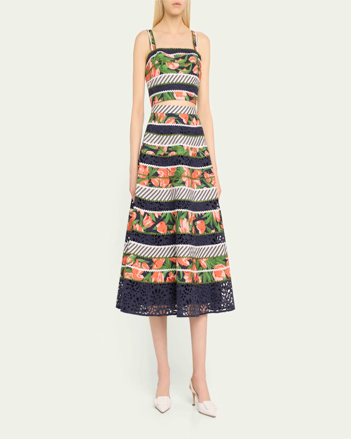 Floral and Striped Circle Skirt with Embroidered Detail