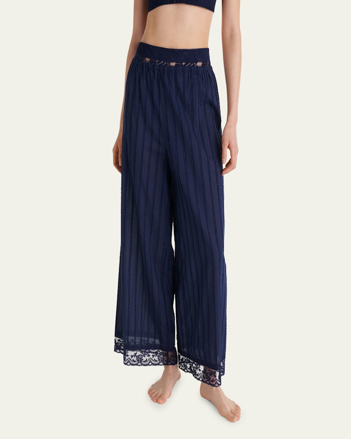 Coton Striped Lace-Trim Cropped Lounge Pants