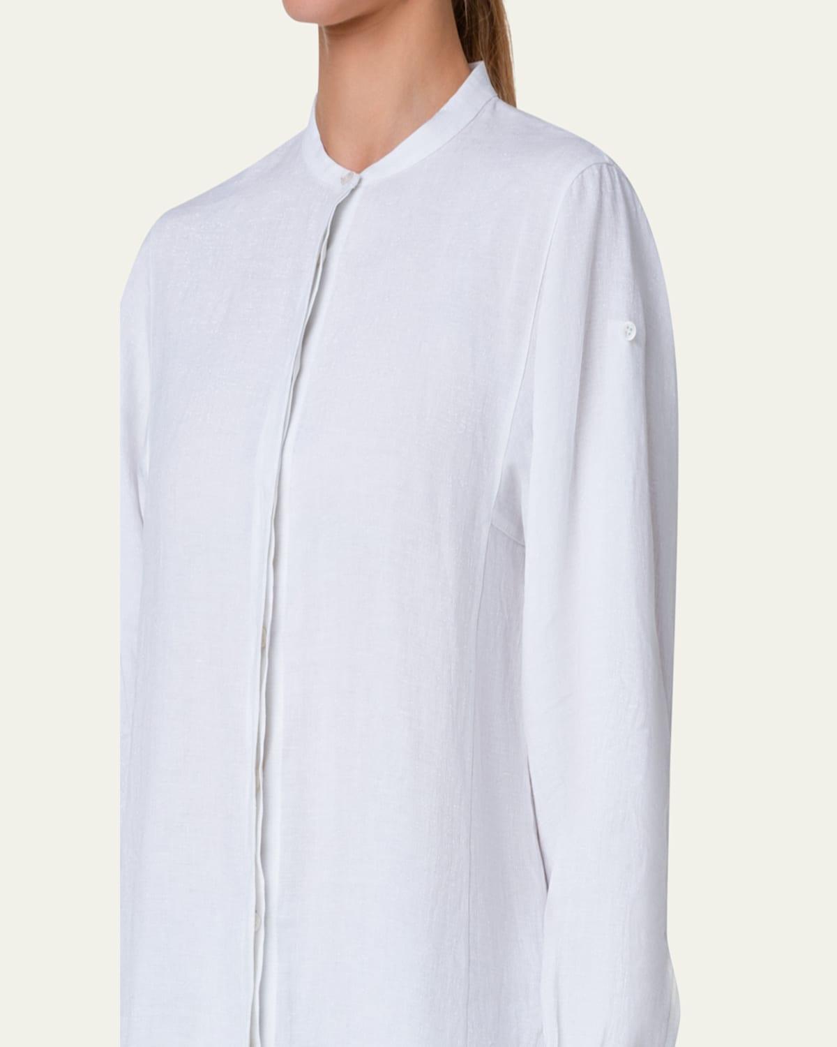 Band-Collar Linen Tunic Blouse