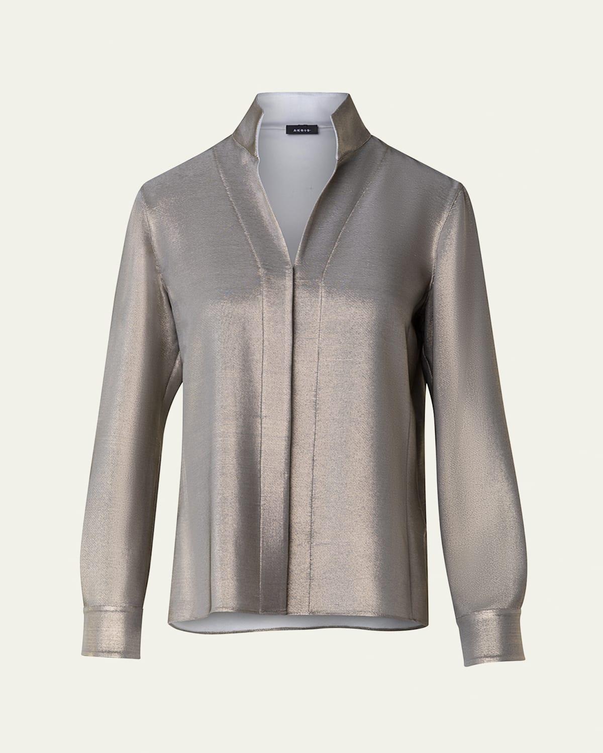 Metallic Stand Collar Silk Blouse