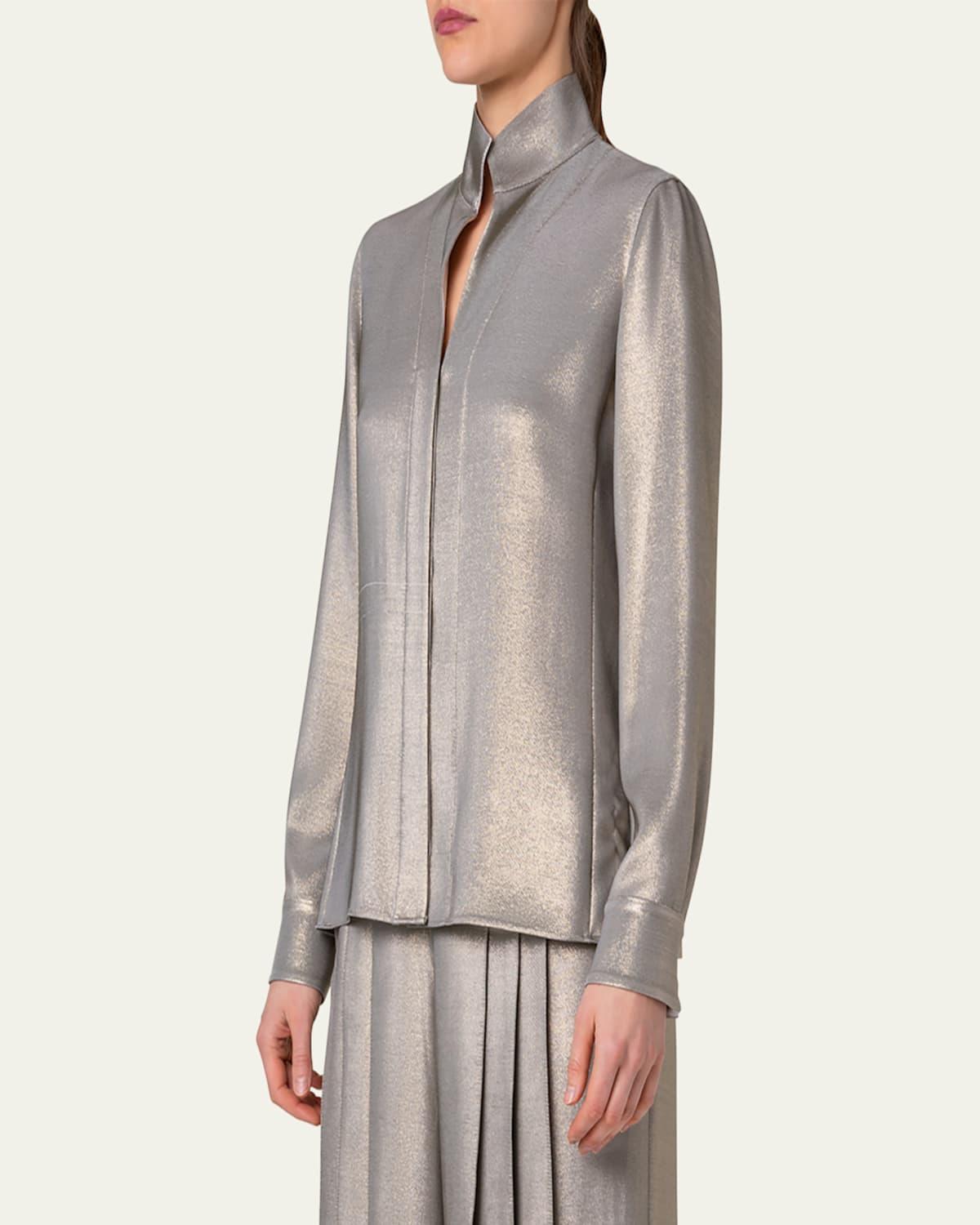 Metallic Stand Collar Silk Blouse