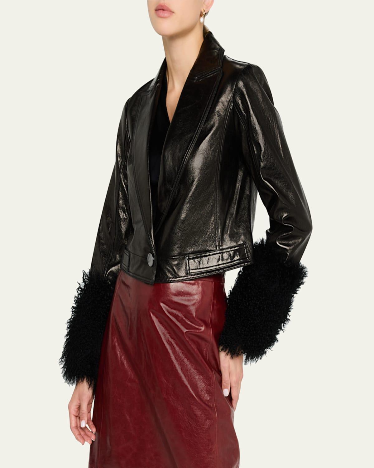 Kallie Cropped Shearling-Cuff Leather Jacket