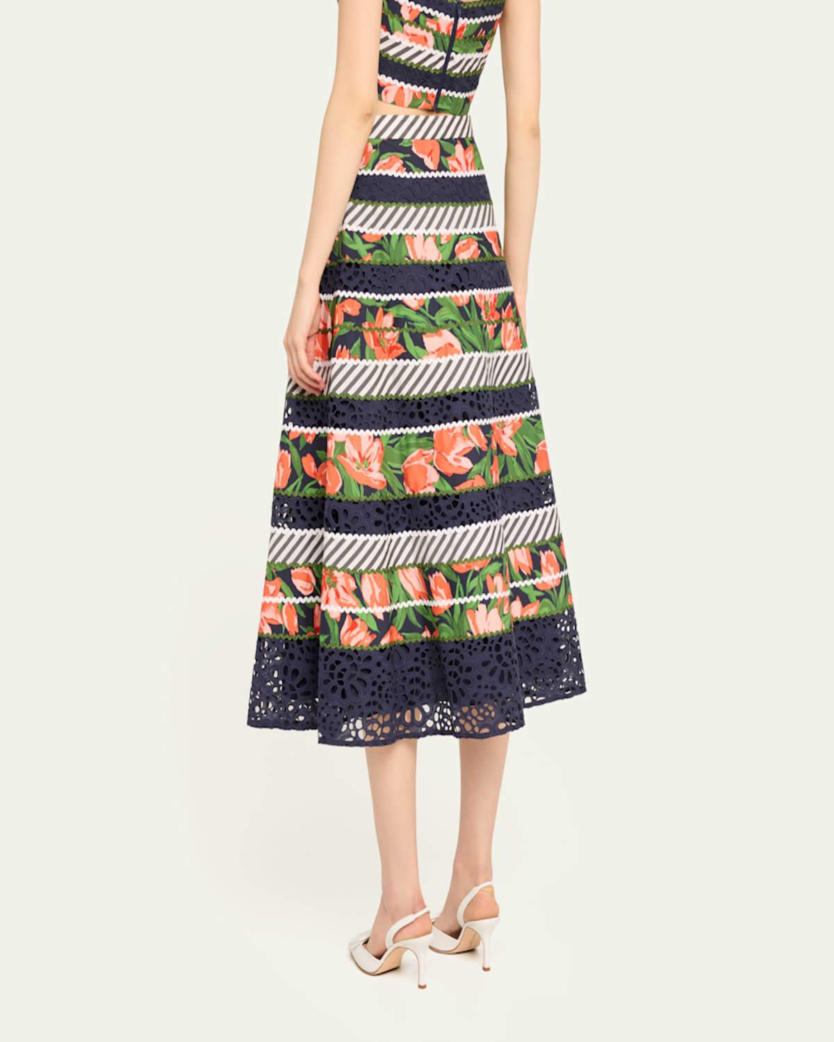 Floral and Striped Circle Skirt with Embroidered Detail