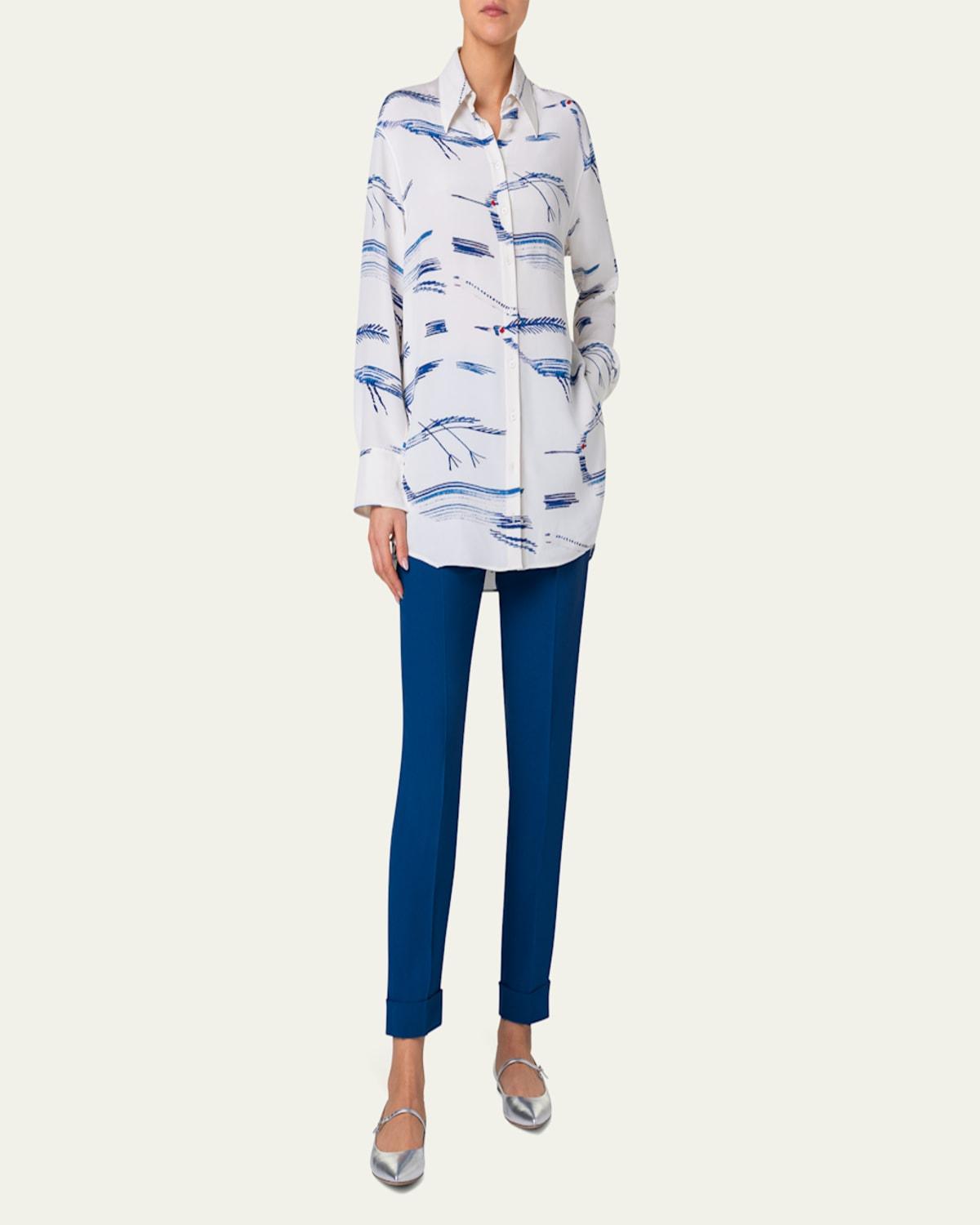 Silk Kasuri Birds Printed Button-Front Blouse