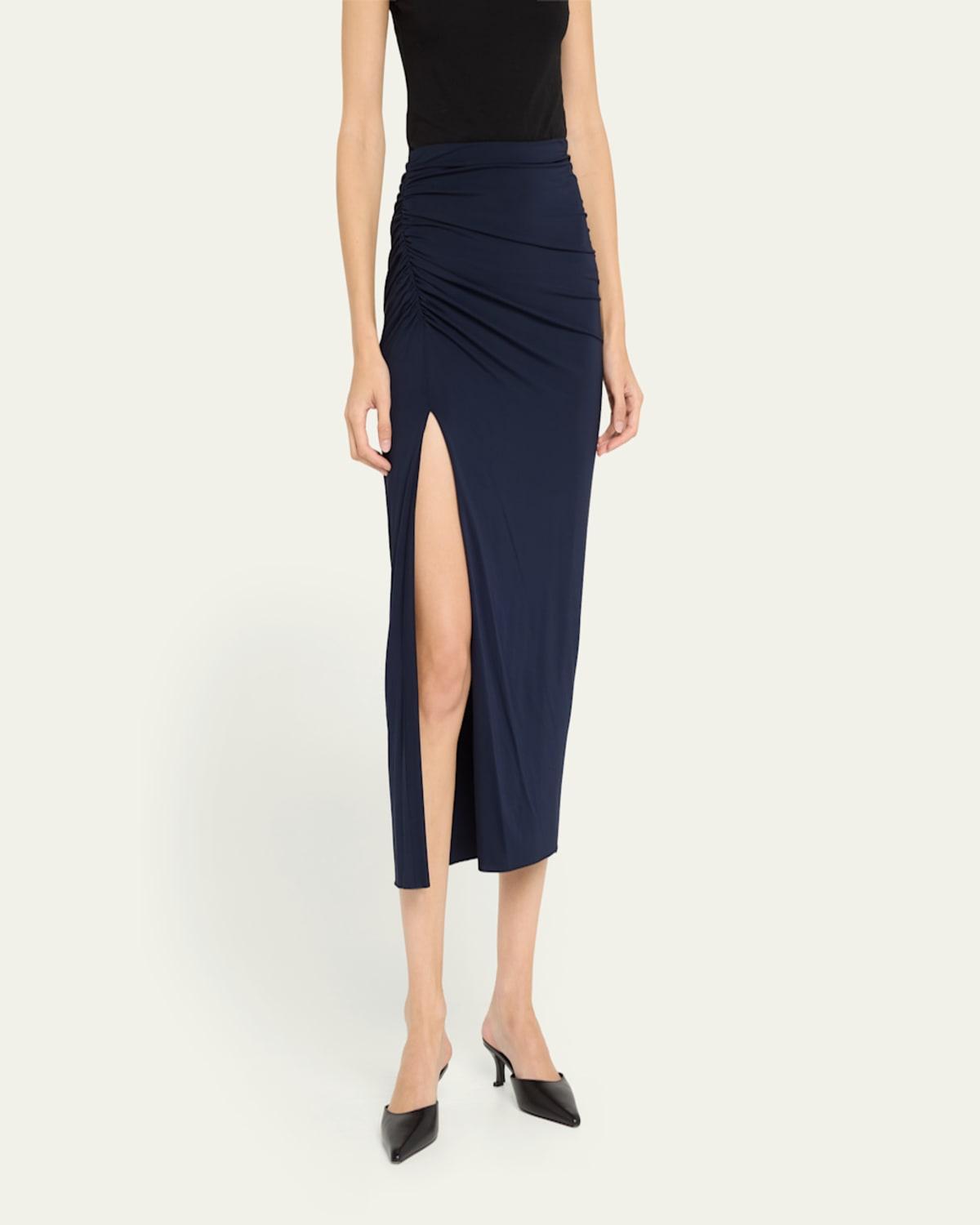 Shirred Slit Jersey Midi Pencil Skirt