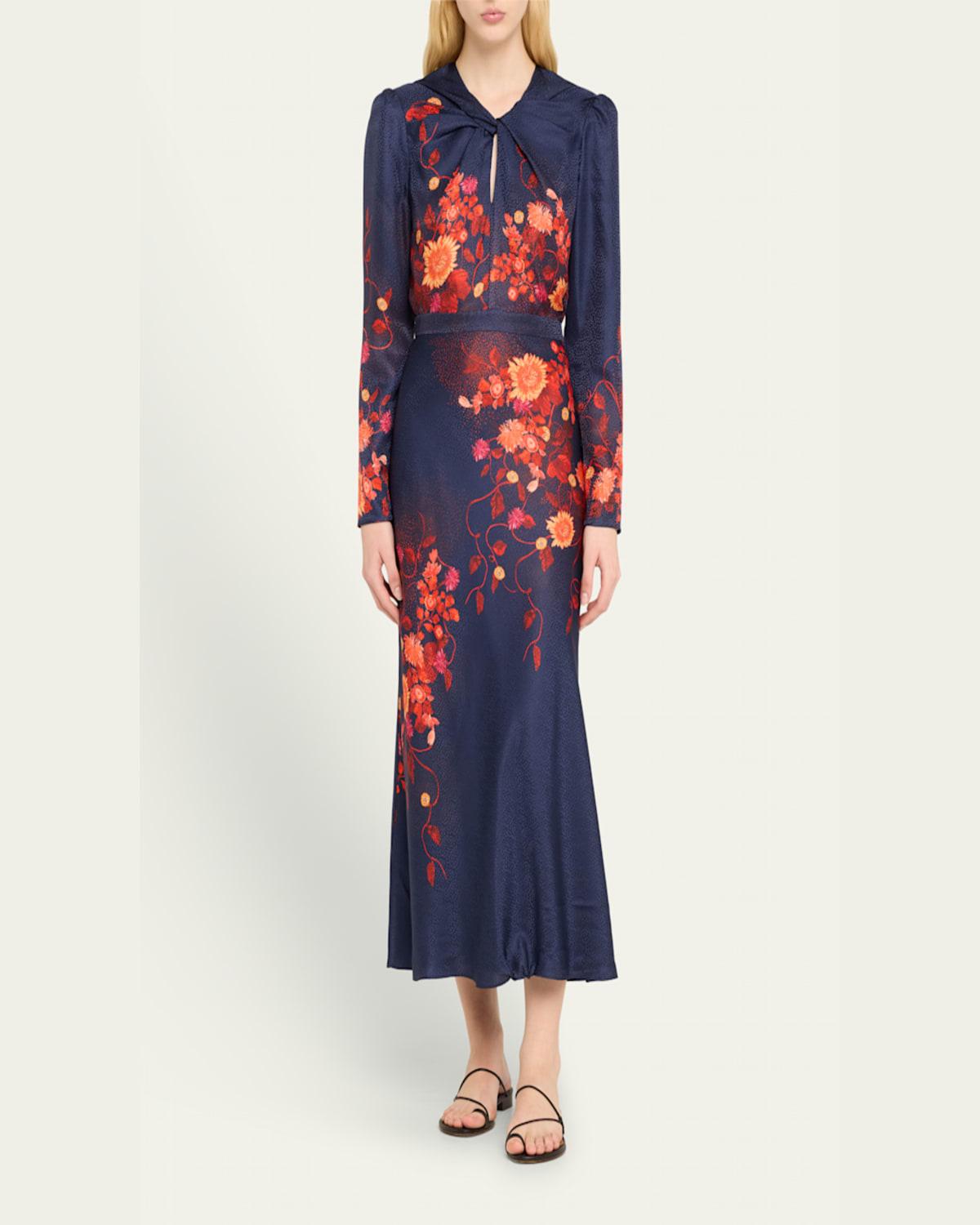 Claudia Floral Silk Long-Sleeve Fluted Midi Dress