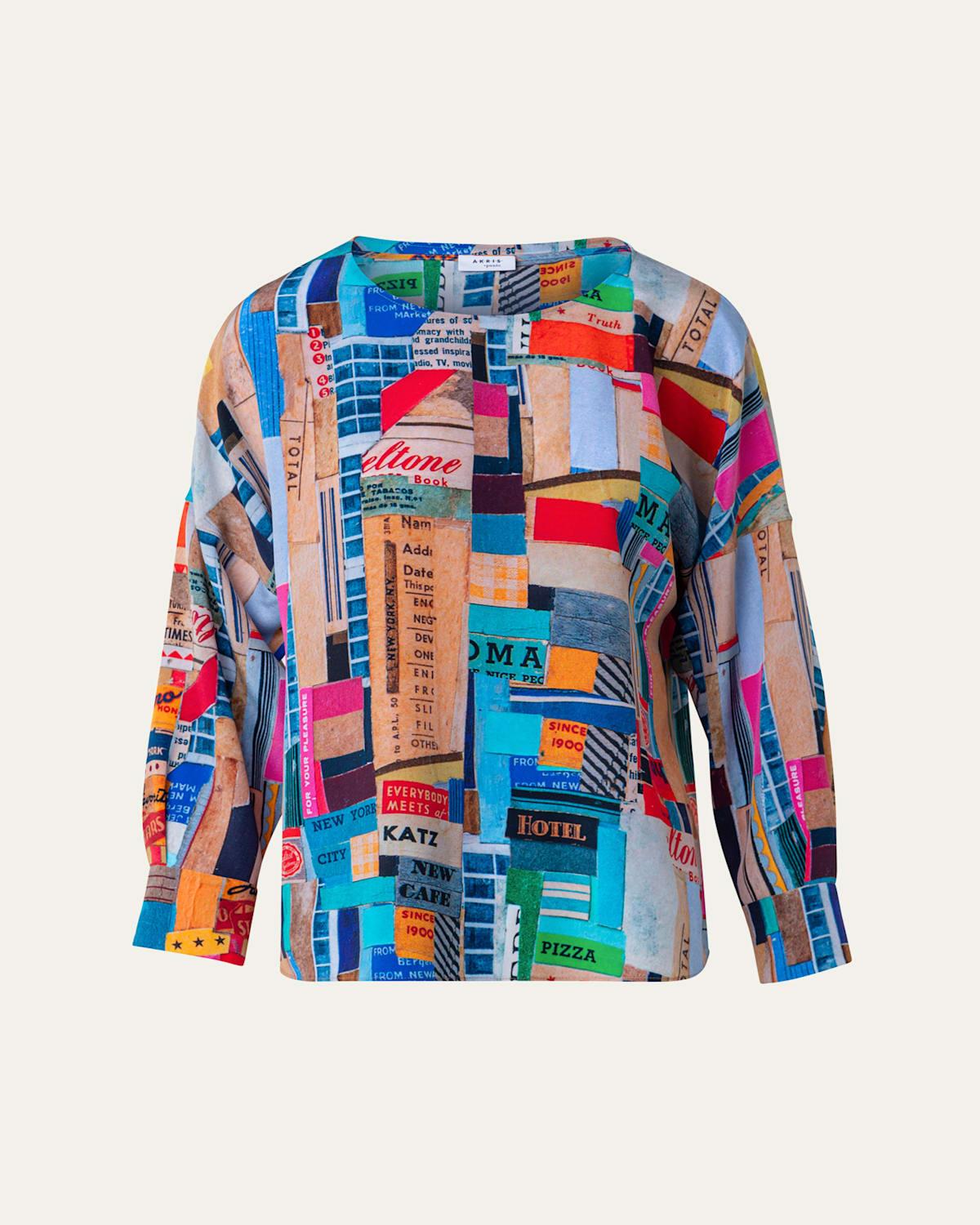 Crepe De Chine NYC Paper Collage Print Blouse