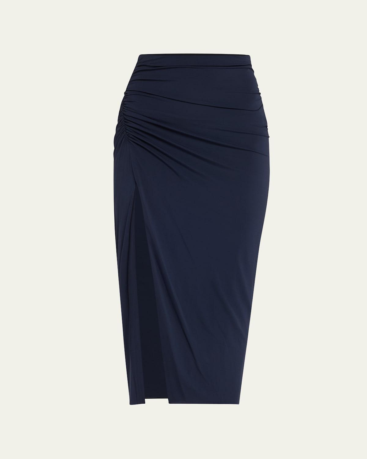 Shirred Slit Jersey Midi Pencil Skirt