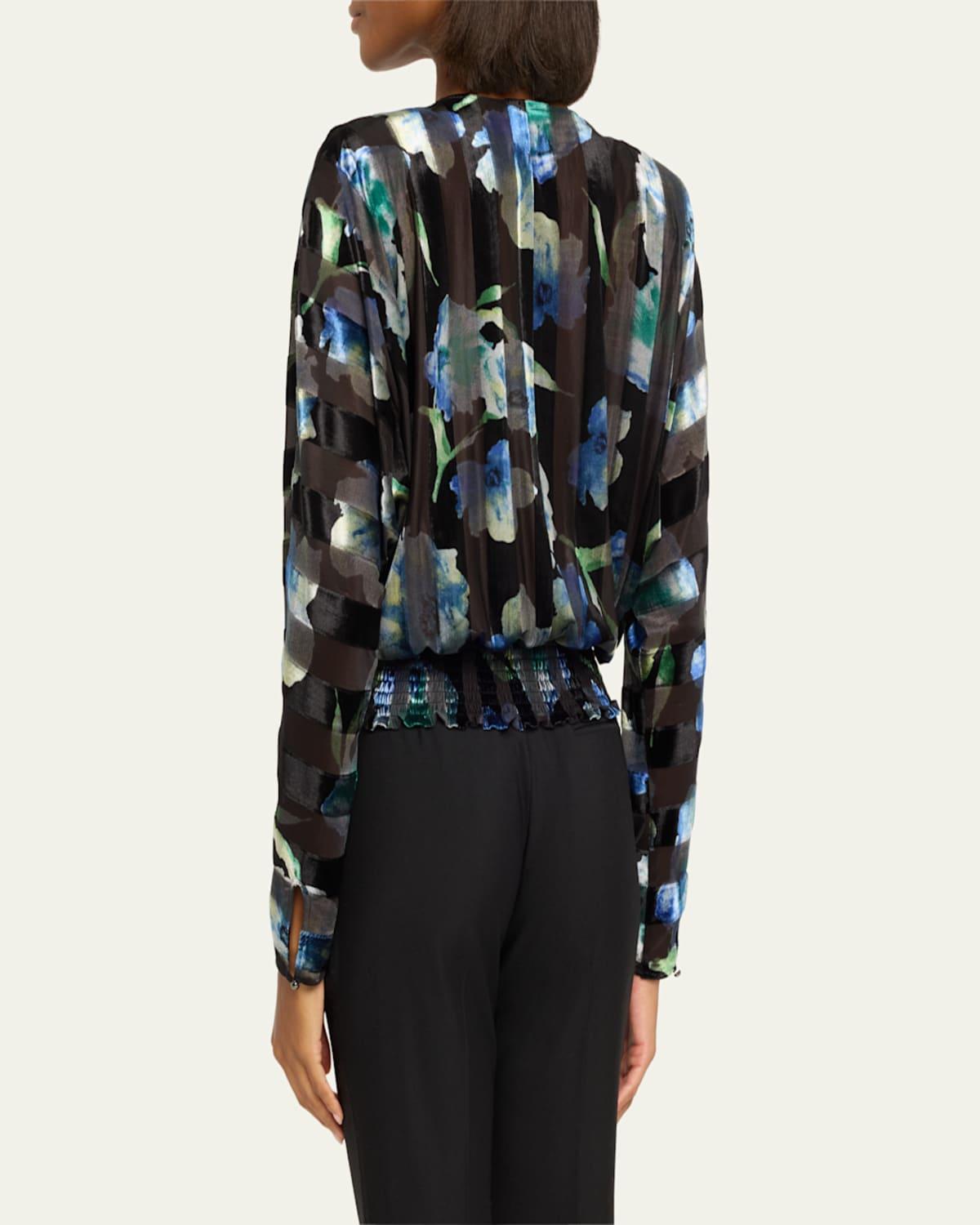 Orson Floral Stripe Velvet Long-Sleeve Blouse