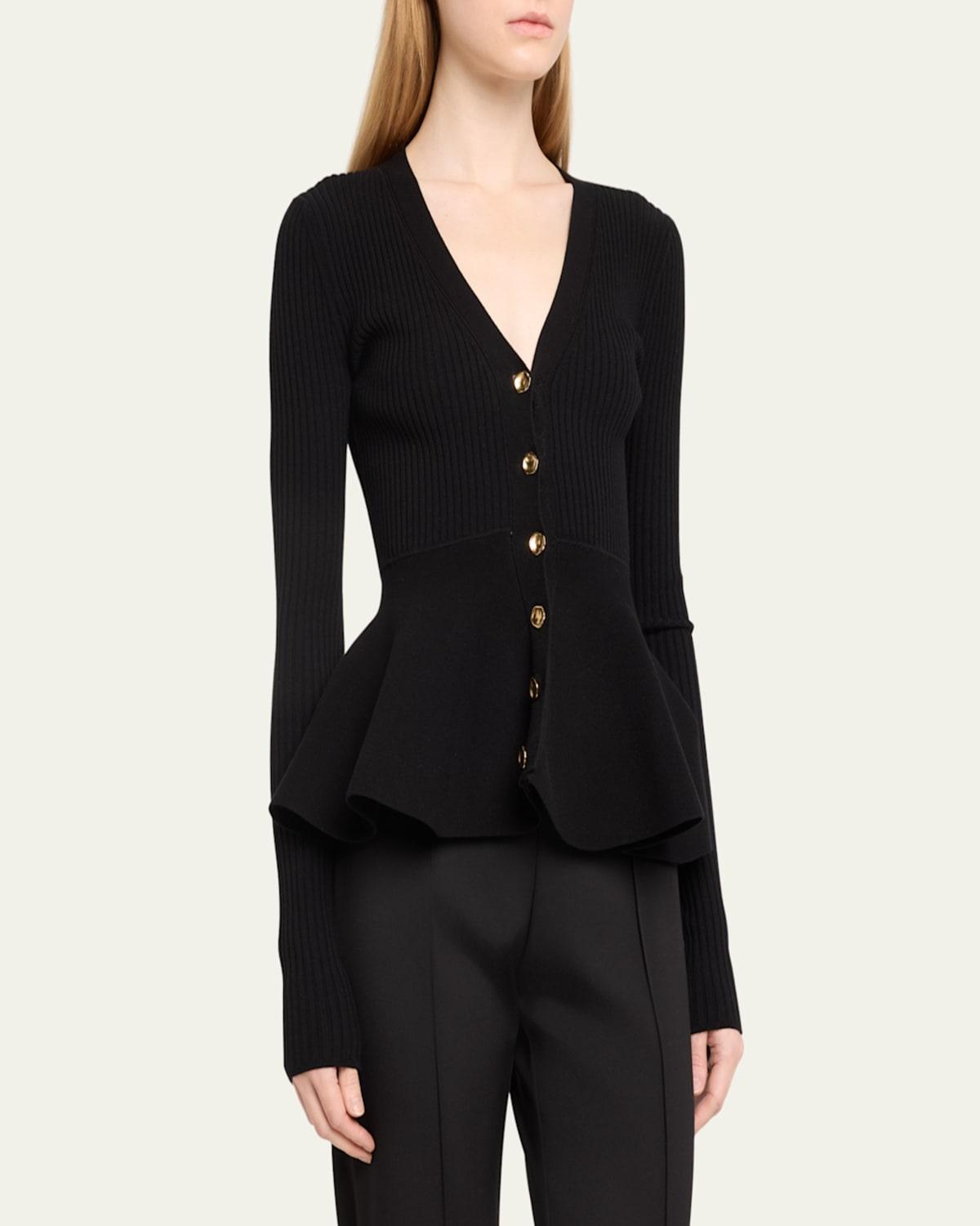 Ribbed Peplum Cardigan with Gold-Tone Buttons