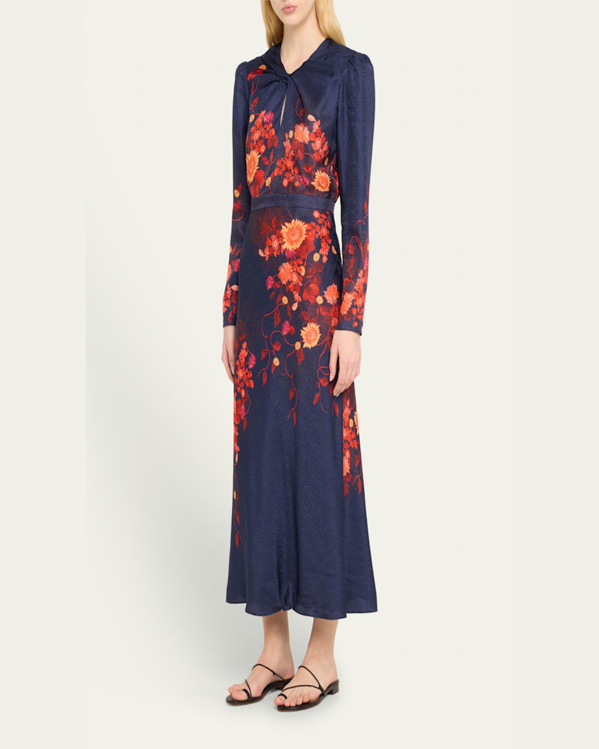 Claudia Floral Silk Long-Sleeve Fluted Midi Dress