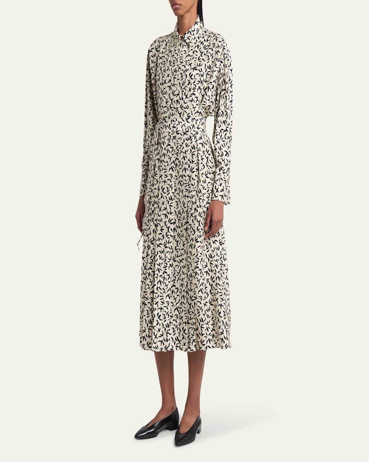 Lorely Swallows Print Midi Silk Dress