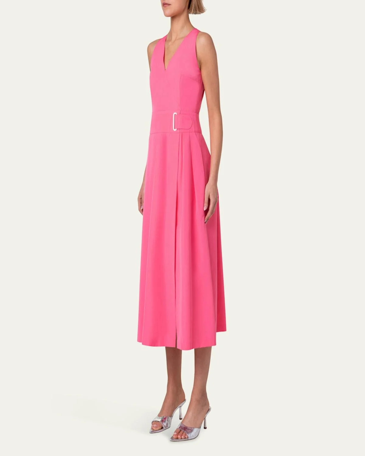 Flared Taffeta Belted Midi Dress