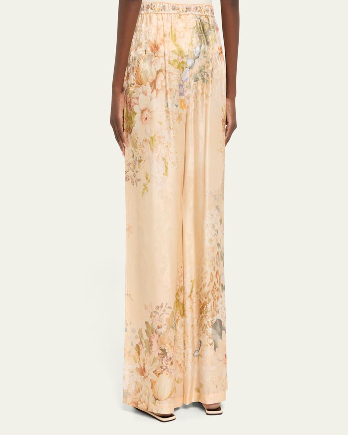 Minimal Floral Silk-Blend Wide-Leg Pants