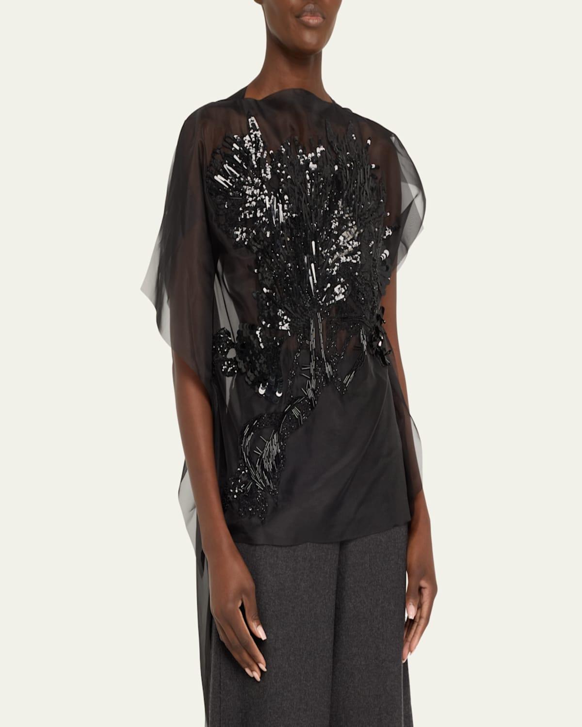 Floral Sequin Beaded Organza Asymmetric Top