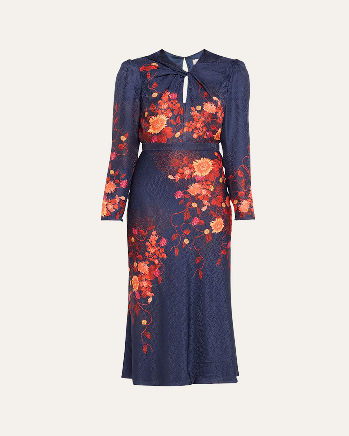 Claudia Floral Silk Long-Sleeve Fluted Midi Dress