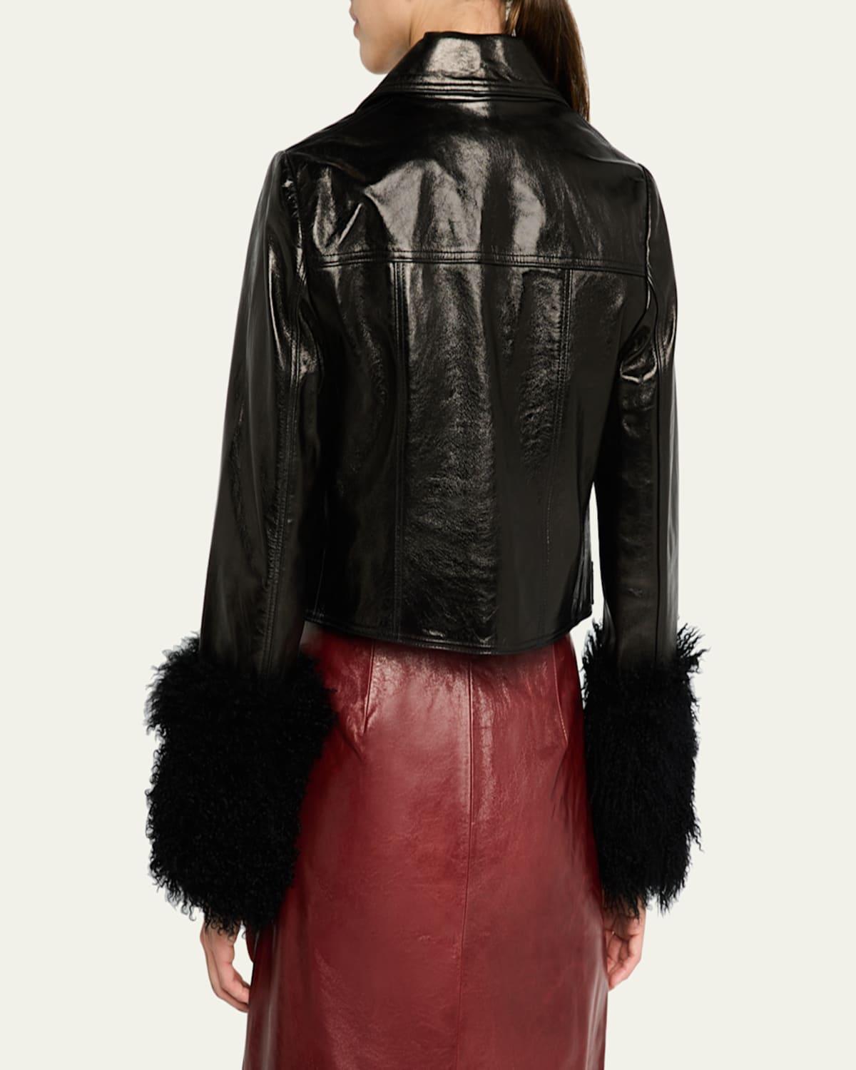 Kallie Cropped Shearling-Cuff Leather Jacket