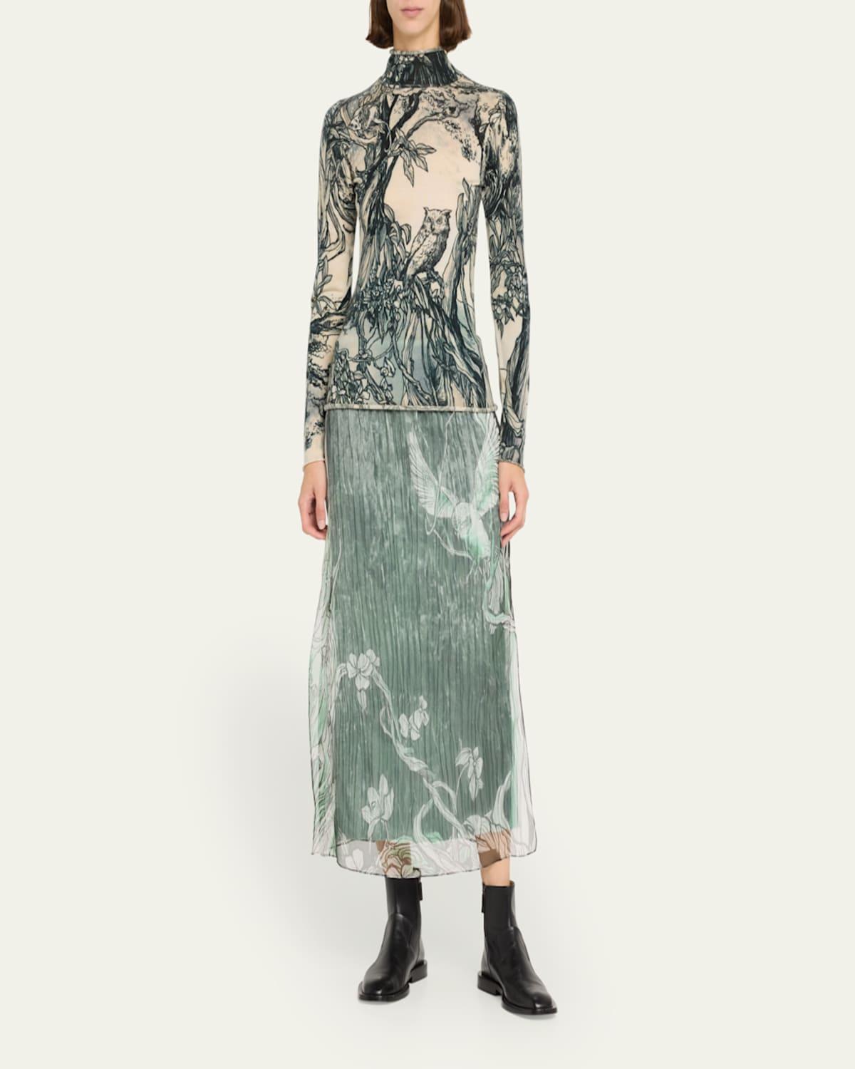 Tree-Print Organza Layered Midi Skirt