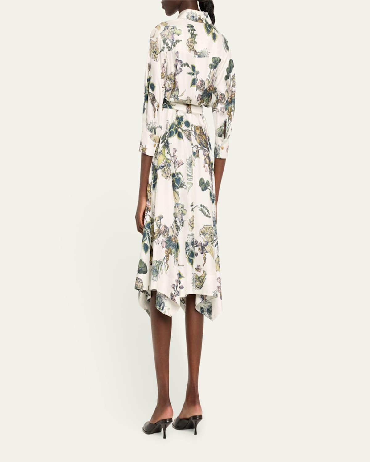 Forest Floral Belted Silk Twill Shirtdress, White