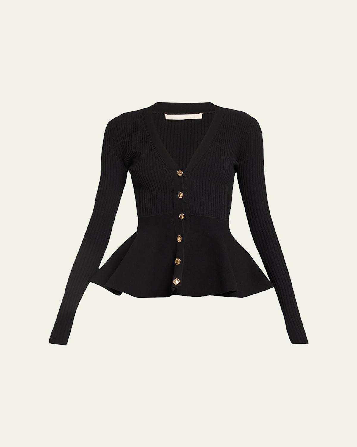 Ribbed Peplum Cardigan with Gold-Tone Buttons