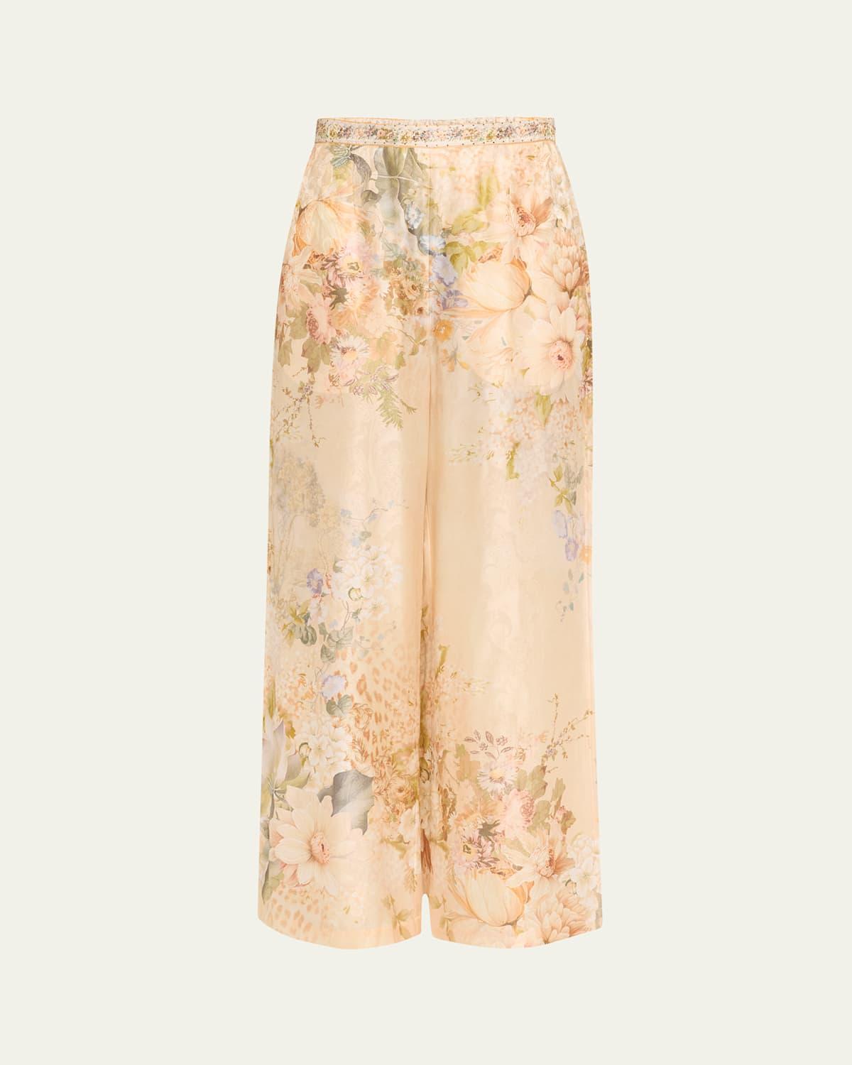 Minimal Floral Silk-Blend Wide-Leg Pants