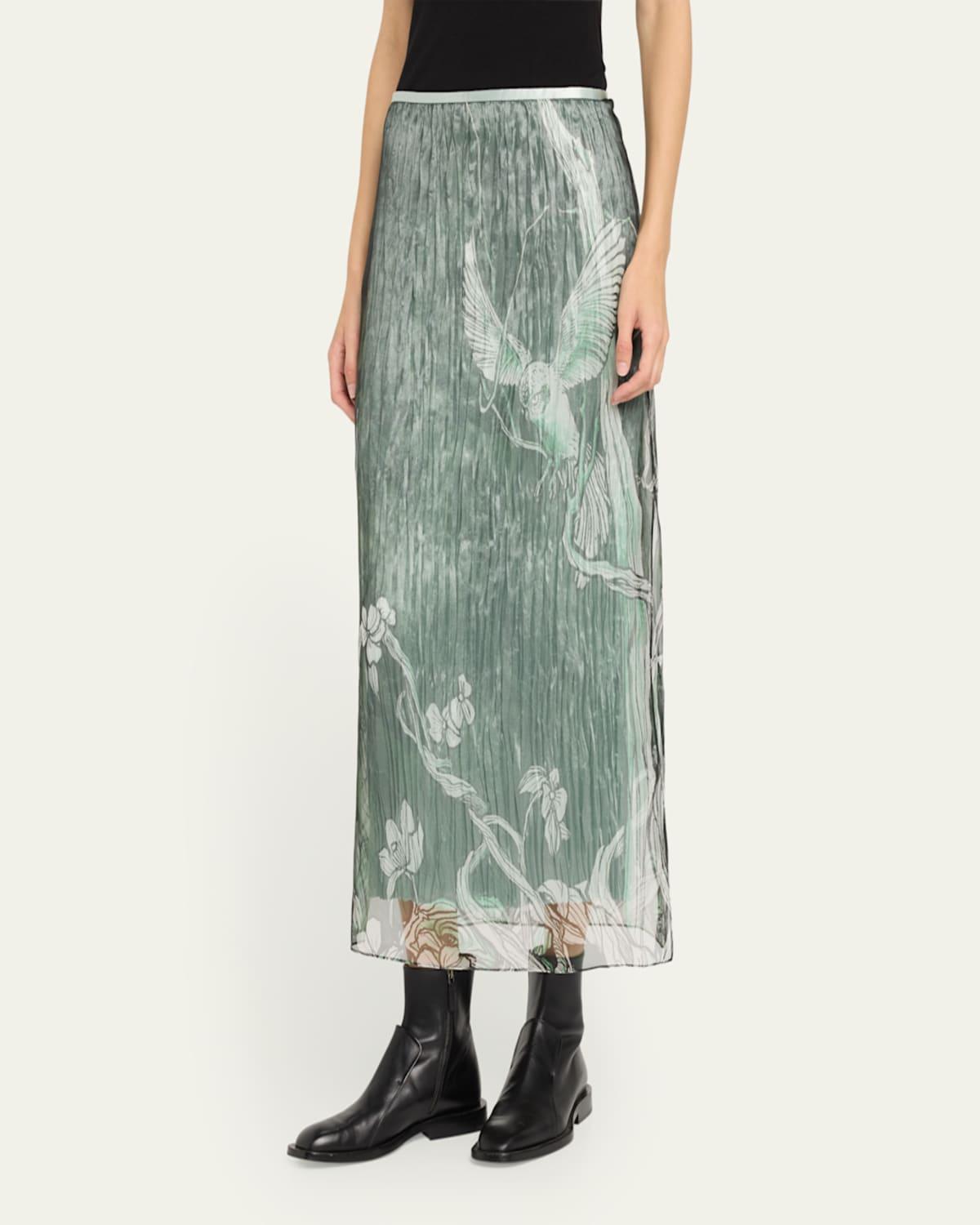 Tree-Print Organza Layered Midi Skirt