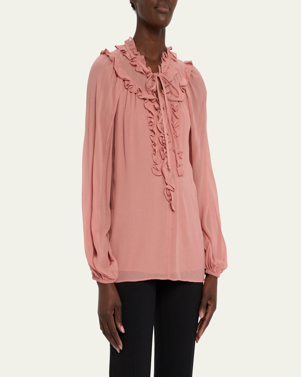 Dane Blouson-Sleeve Ruffle-Trim Blouse