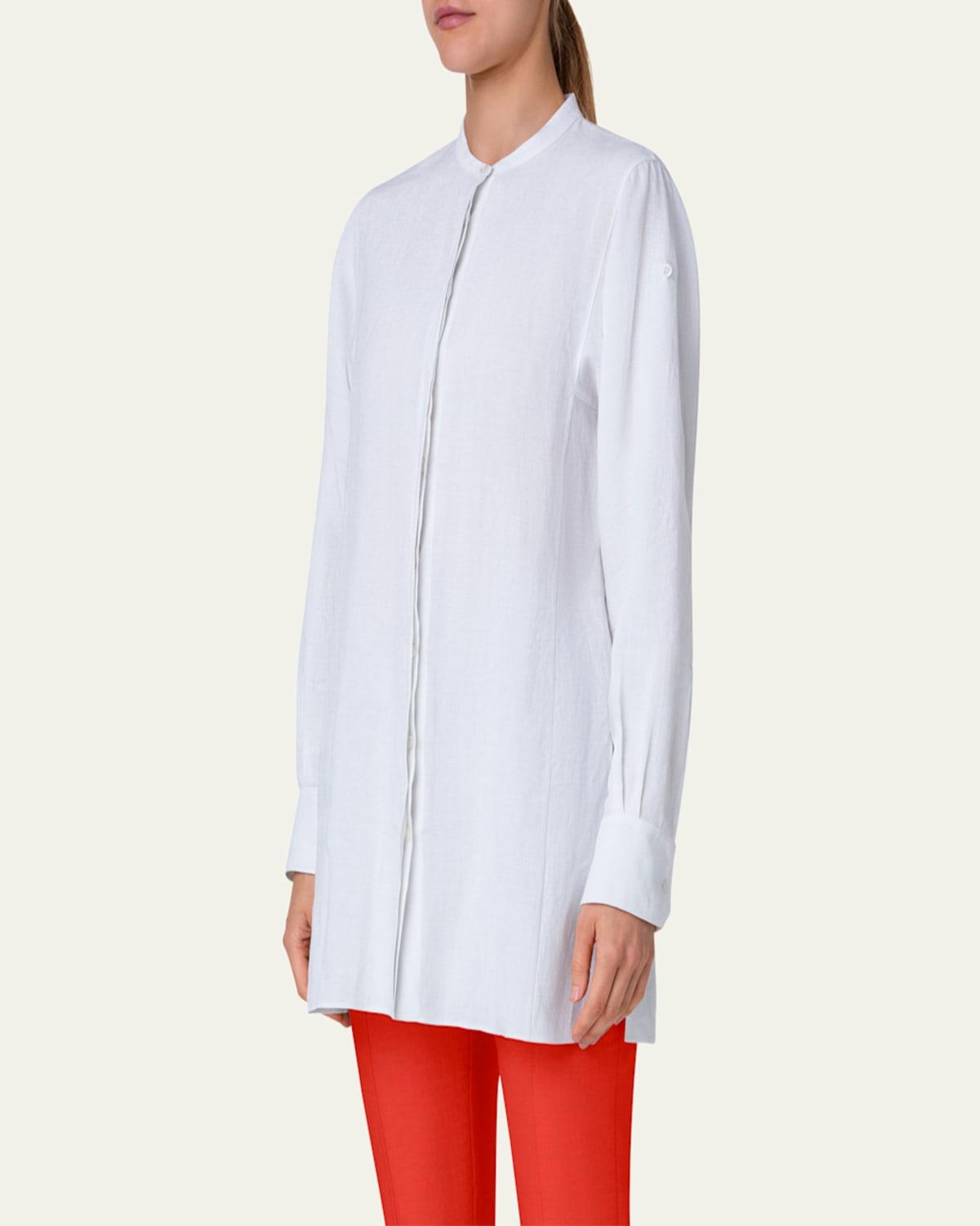 Band-Collar Linen Tunic Blouse