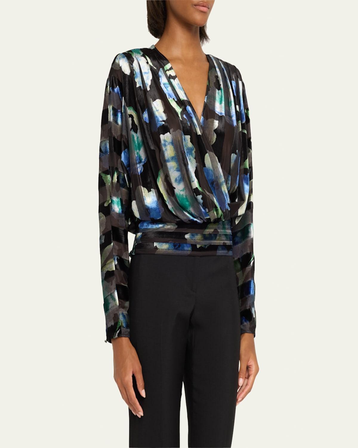 Orson Floral Stripe Velvet Long-Sleeve Blouse