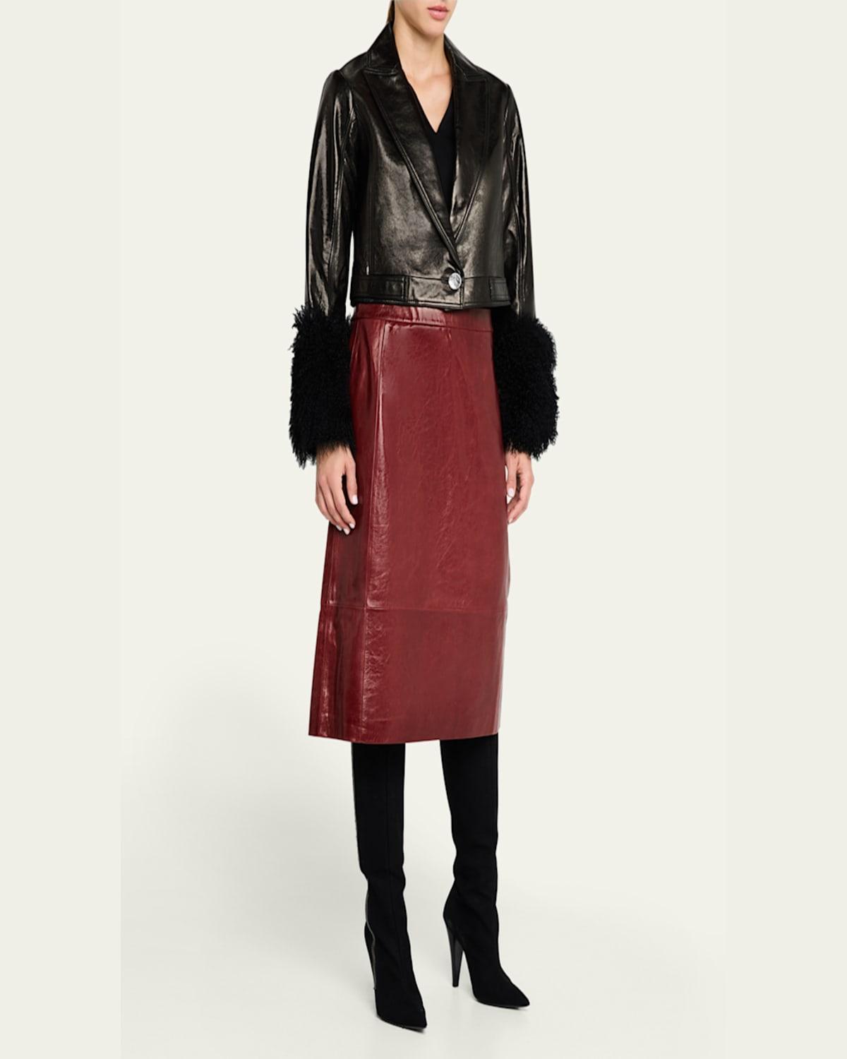 Kallie Cropped Shearling-Cuff Leather Jacket