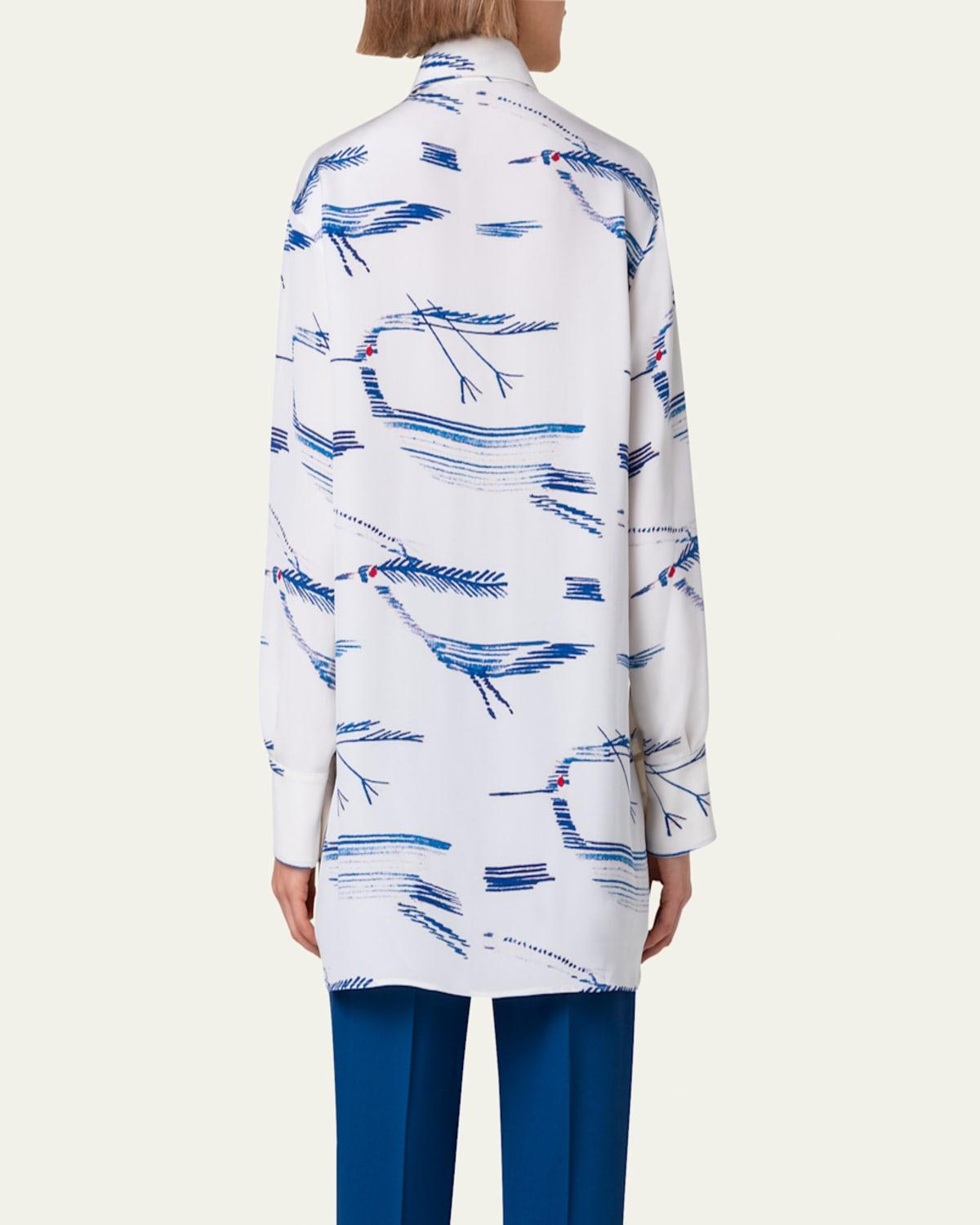 Silk Kasuri Birds Printed Button-Front Blouse