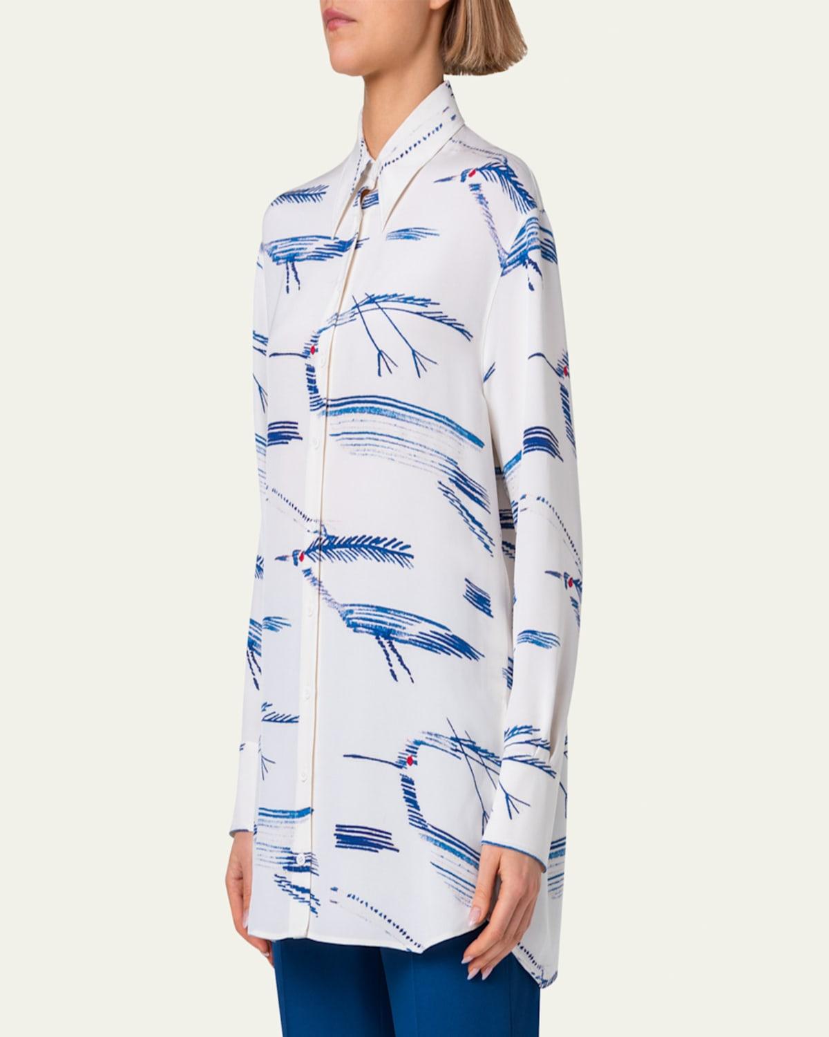 Silk Kasuri Birds Printed Button-Front Blouse