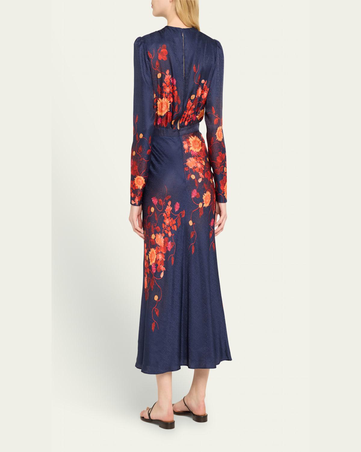 Claudia Floral Silk Long-Sleeve Fluted Midi Dress