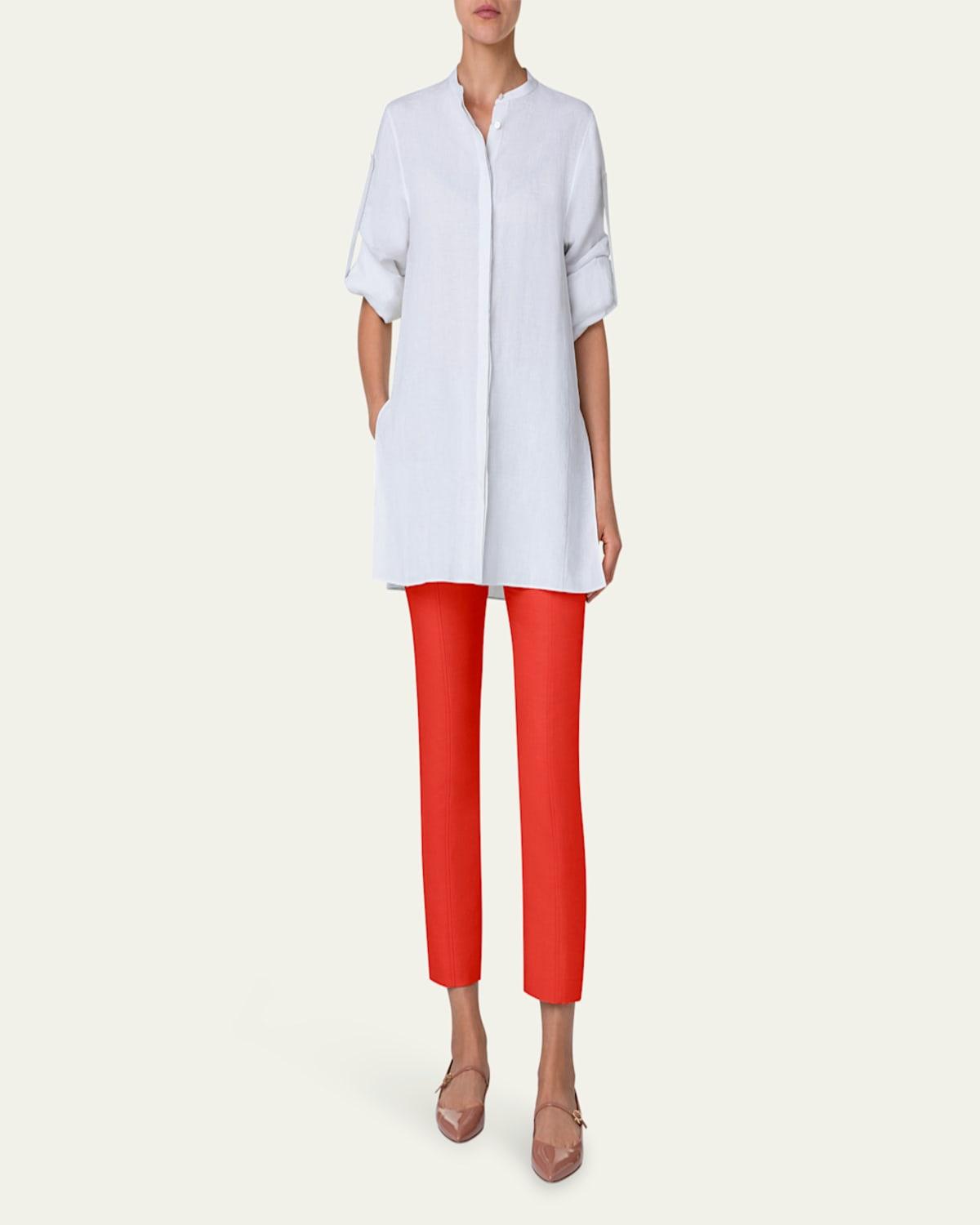 Band-Collar Linen Tunic Blouse