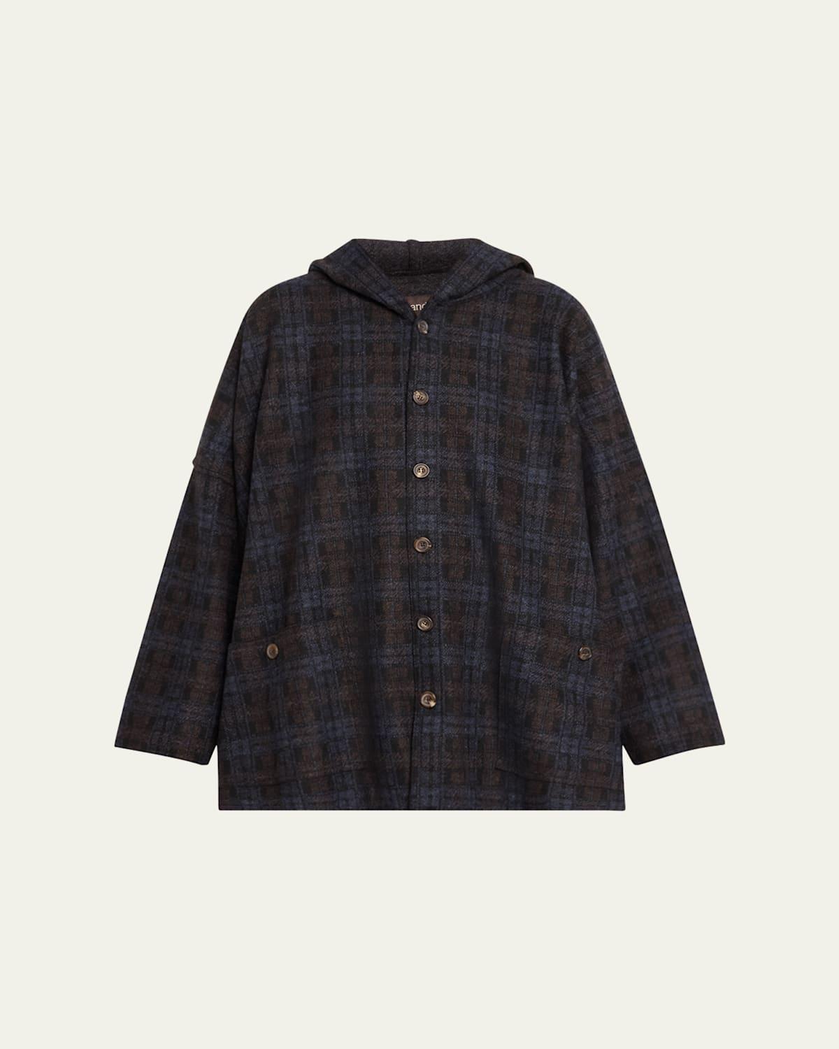 Hooded Plaid Coat with Raw Edges (Long Length)