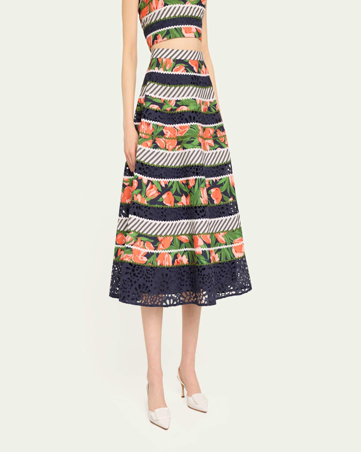 Floral and Striped Circle Skirt with Embroidered Detail