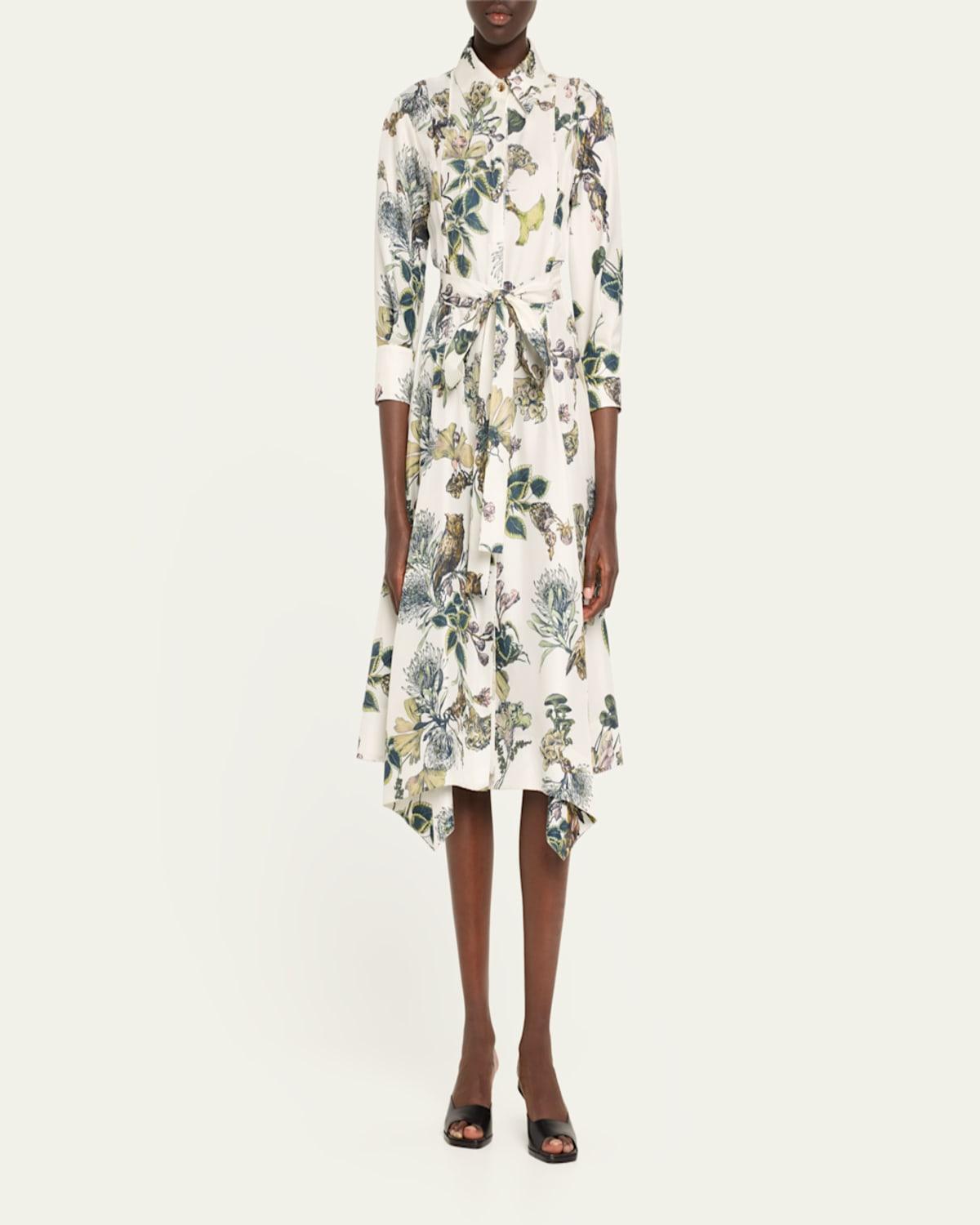 Forest Floral Belted Silk Twill Shirtdress, White