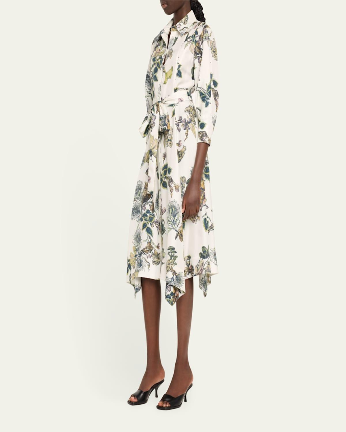 Forest Floral Belted Silk Twill Shirtdress, White