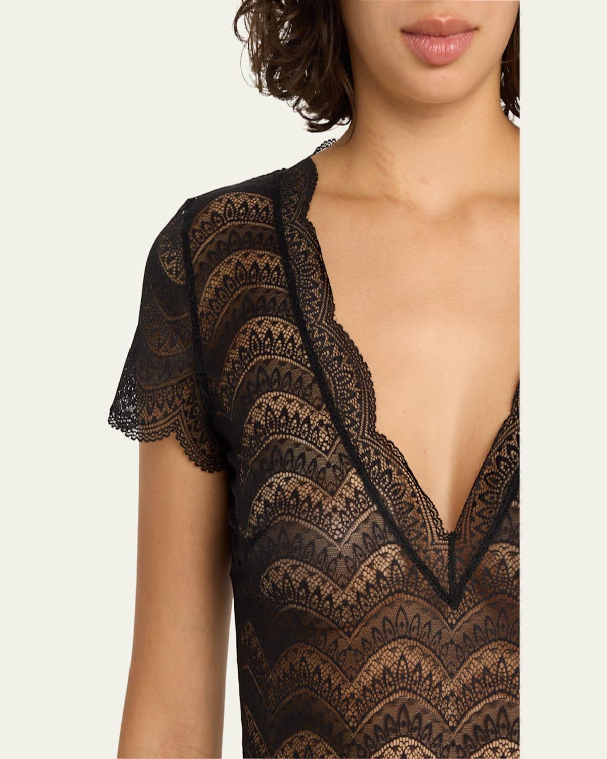 Karma Short-Sleeve Scalloped Lace Bodysuit