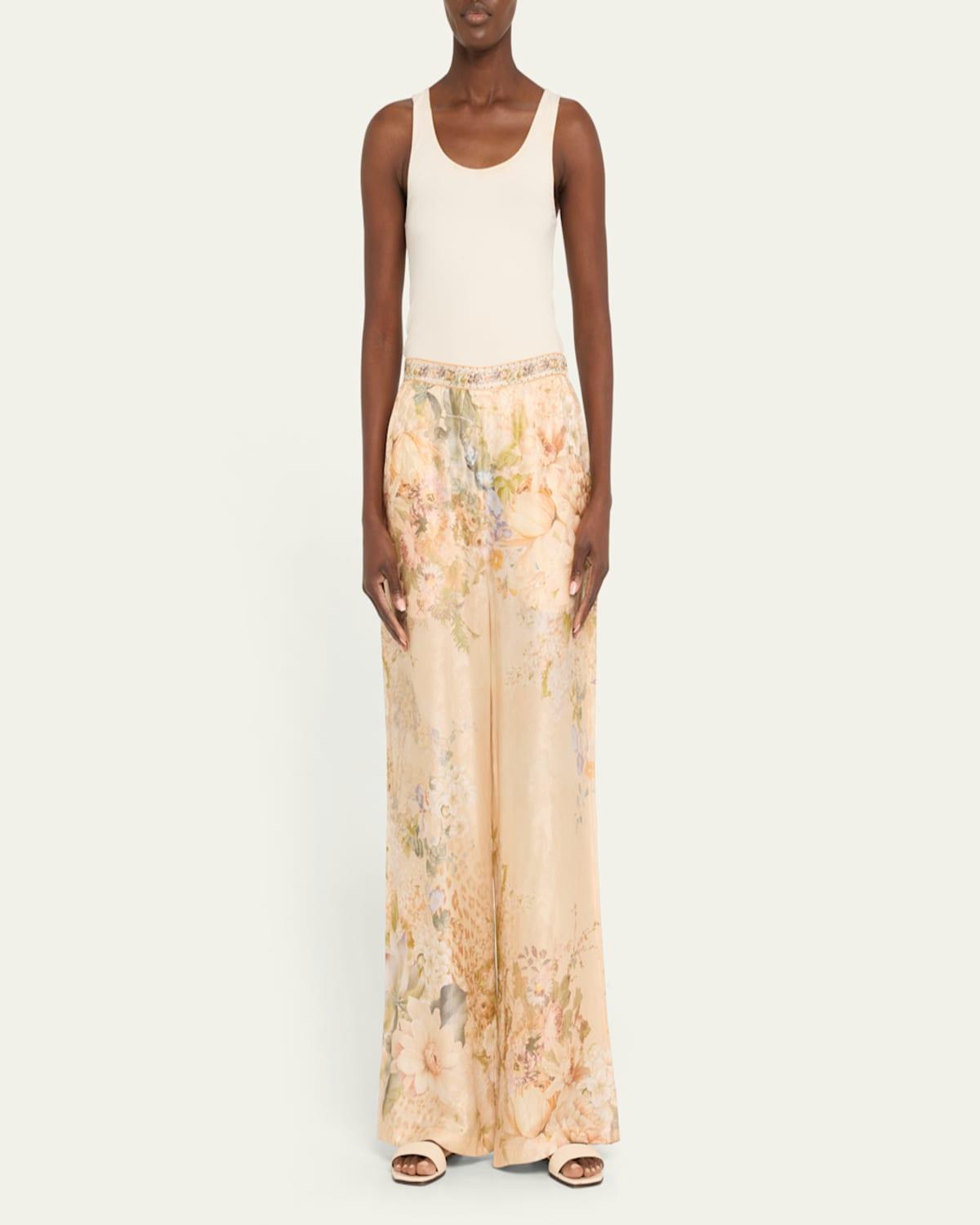 Minimal Floral Silk-Blend Wide-Leg Pants