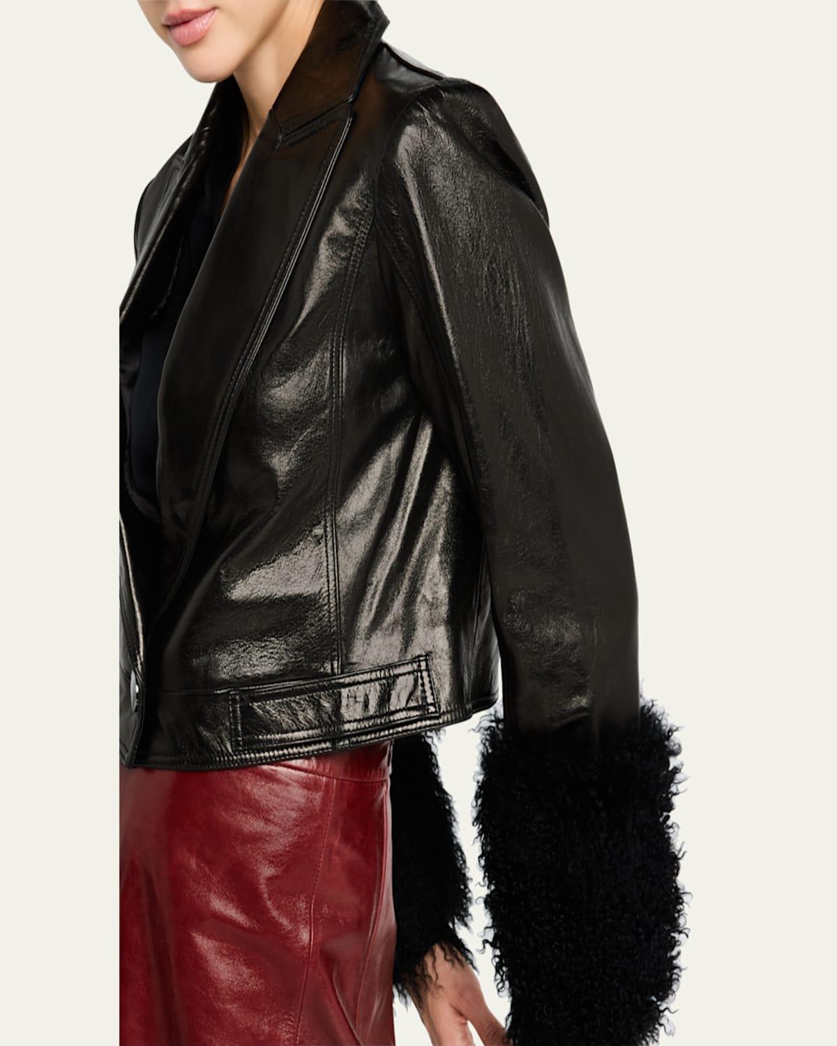 Kallie Cropped Shearling-Cuff Leather Jacket