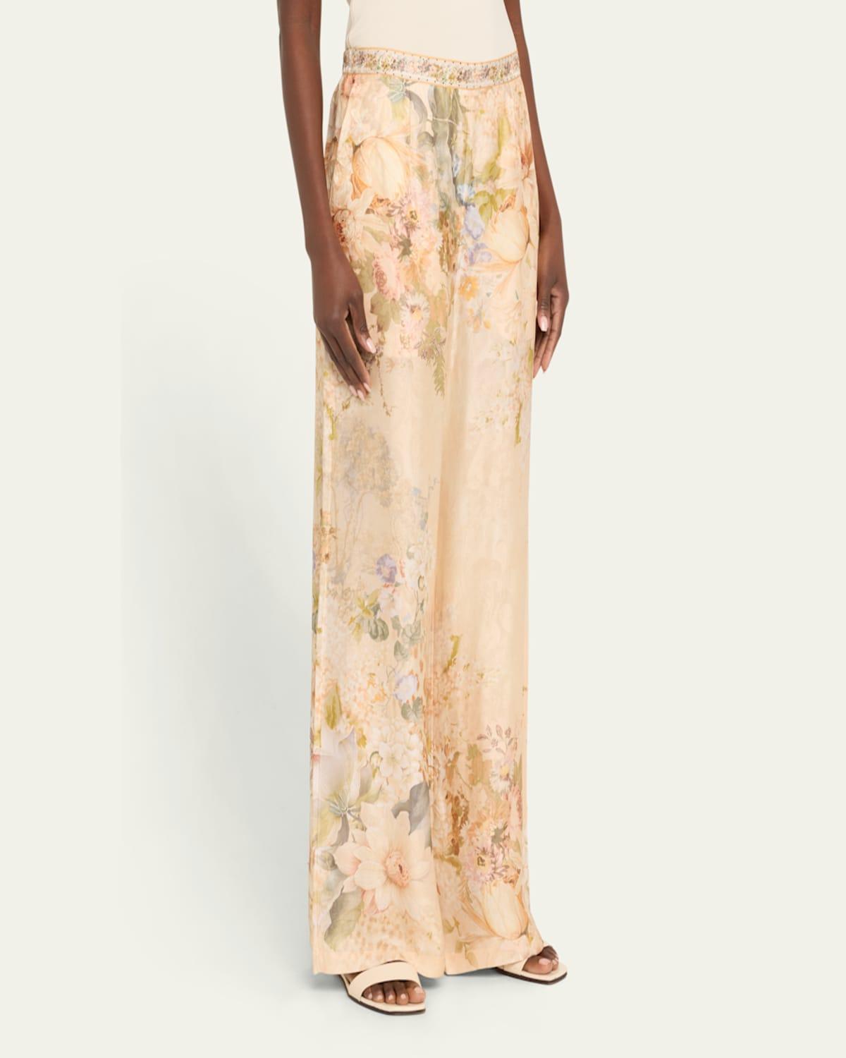 Minimal Floral Silk-Blend Wide-Leg Pants