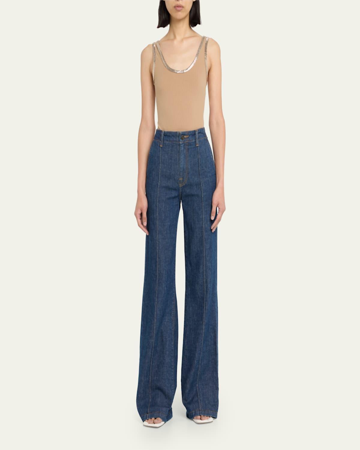 Ansel High-Rise Topstitched Denim Flare Jeans