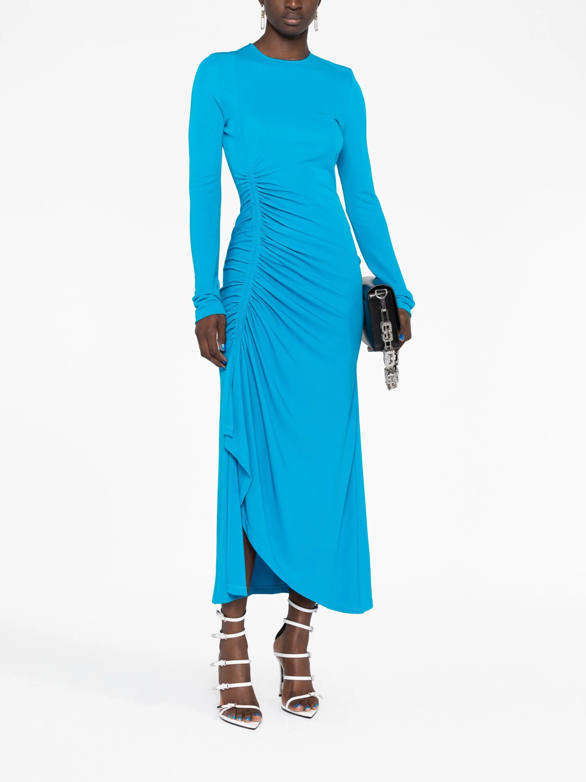 blue ruched midi dress