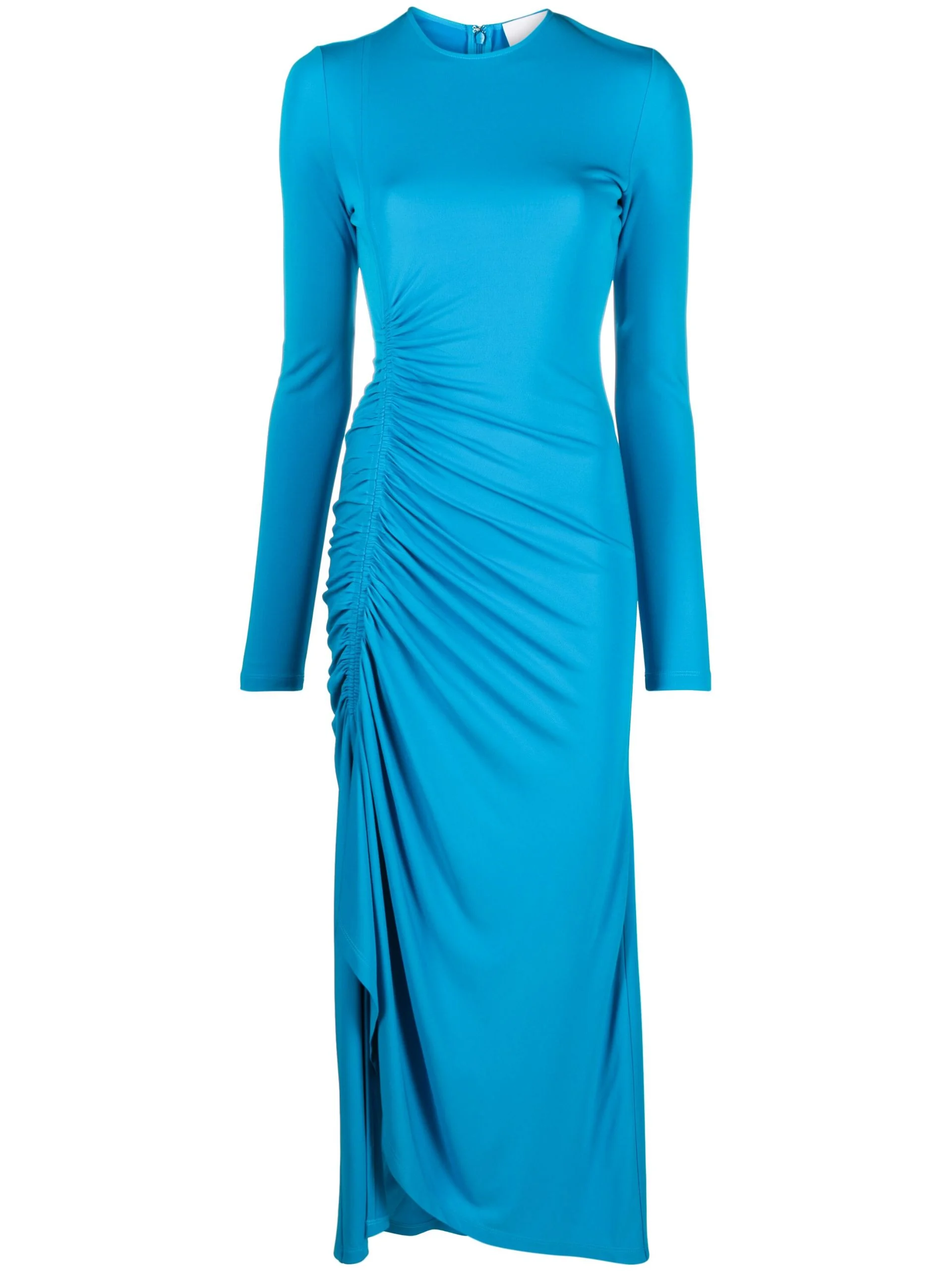 blue ruched midi dress