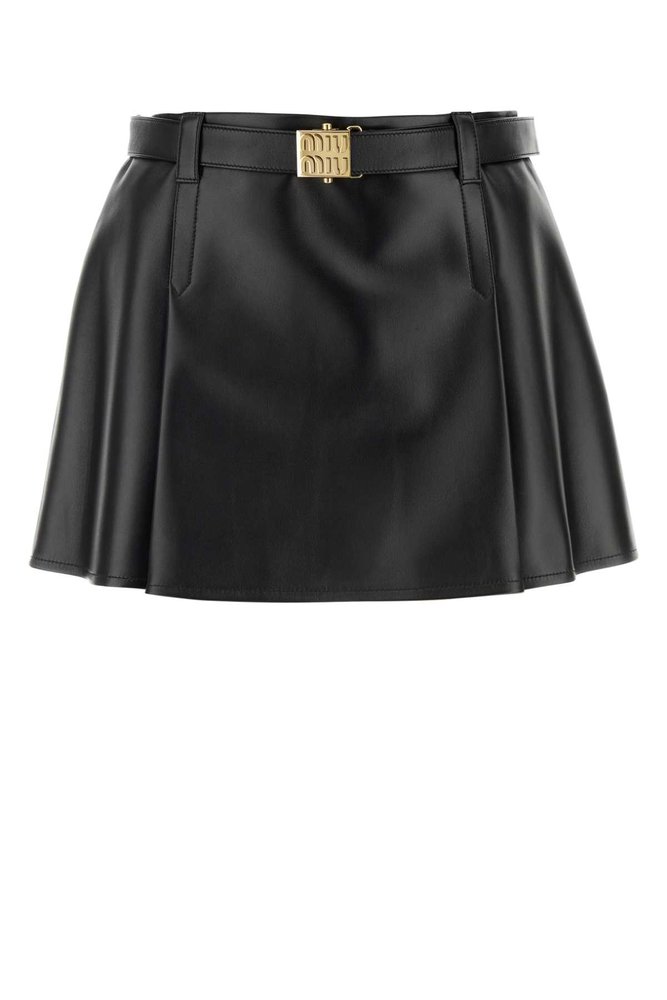 Miu Miu Logo-Plaque Pleated Leather Mini Skirt