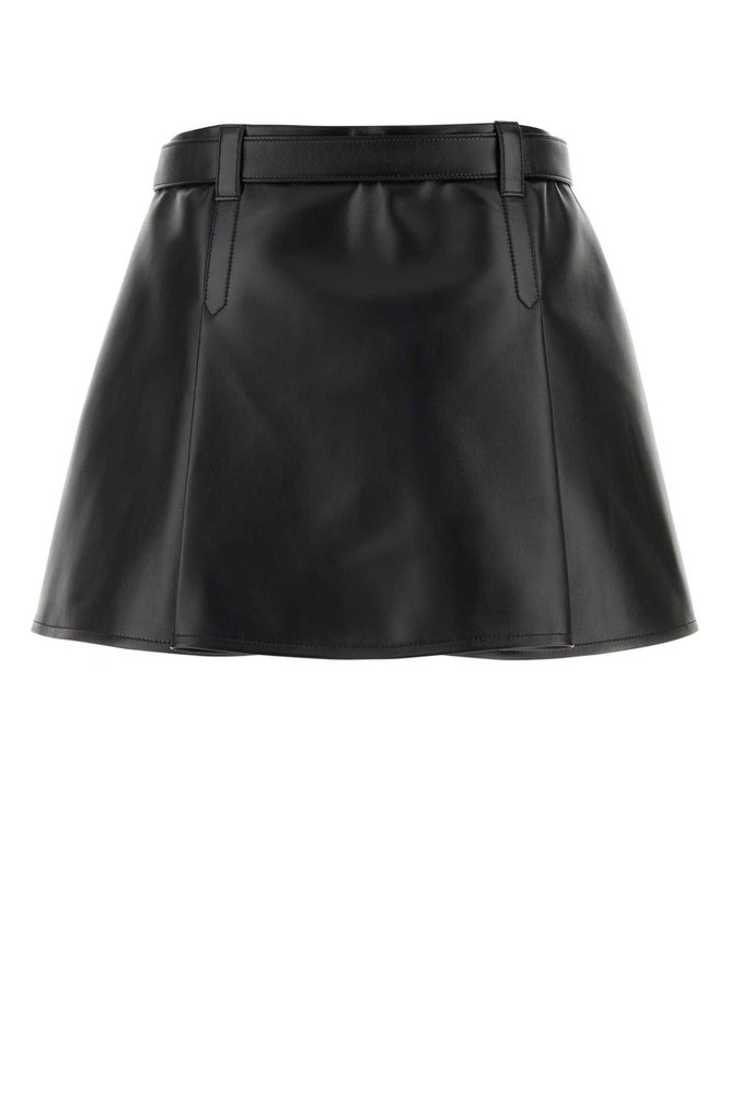 Miu Miu Logo-Plaque Pleated Leather Mini Skirt