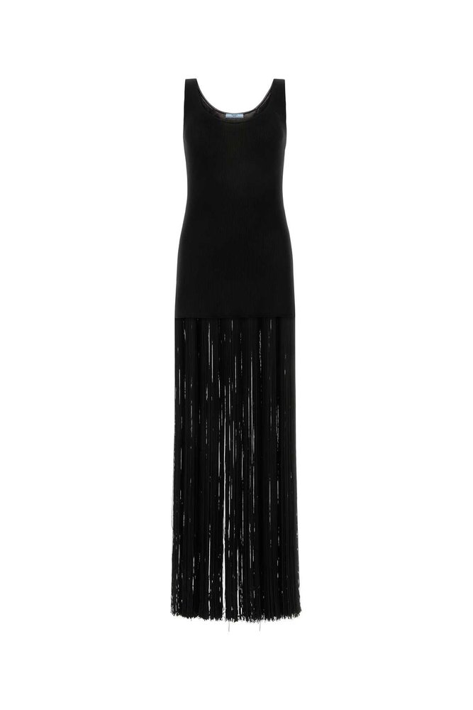 Prada Logo-Embroidered Sleeveless Fringed Knitted Dress