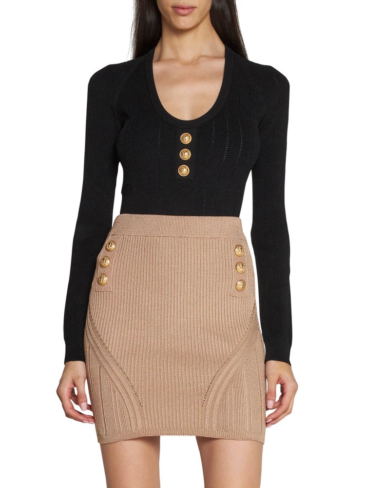 Balmain Buttoned Detailed Ribbed Knit Mini Skirt